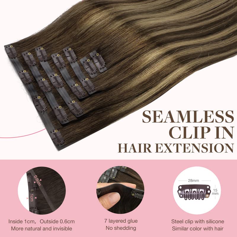 Miniatura 3 de GOO GOO Extensiones de cabello humano real Remy sin costuras, con trama de piel sintética invisible, 18 pulgadas, marrón chocolate mezclado con