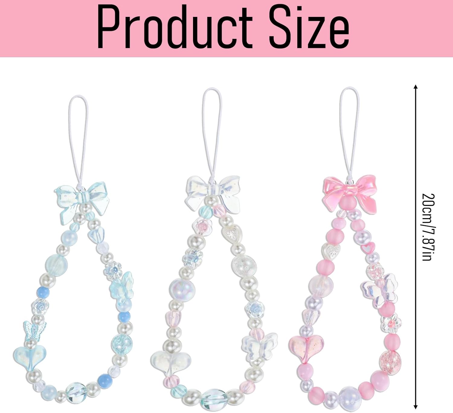 Beaded Phone Charm Lanyard Wrist Strap Cute Bow Butterfly Love Heart Flower Beaded Charm Phone Bracelet Keychain Cellphone Charms Strap for Women, Blue, Pink, White - Image 2