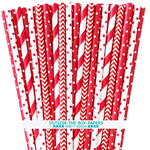 Paper Drinking Straws - Red and White - Valentine - Birthday Party Supply - Stripe Chevron Polka Dot - 7.75 Inches - 100 Pack Outside the Box Papers Brand