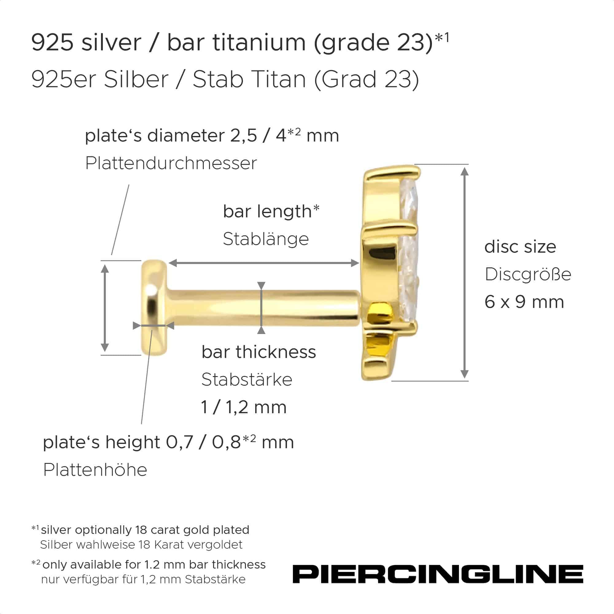 PIERCINGLINE Piercing Stecker Titan Labret mit Innengewinde + 925er Silber Aufsatz MOISSANIT-ZWEIG - Goldfarben, Silberfarben