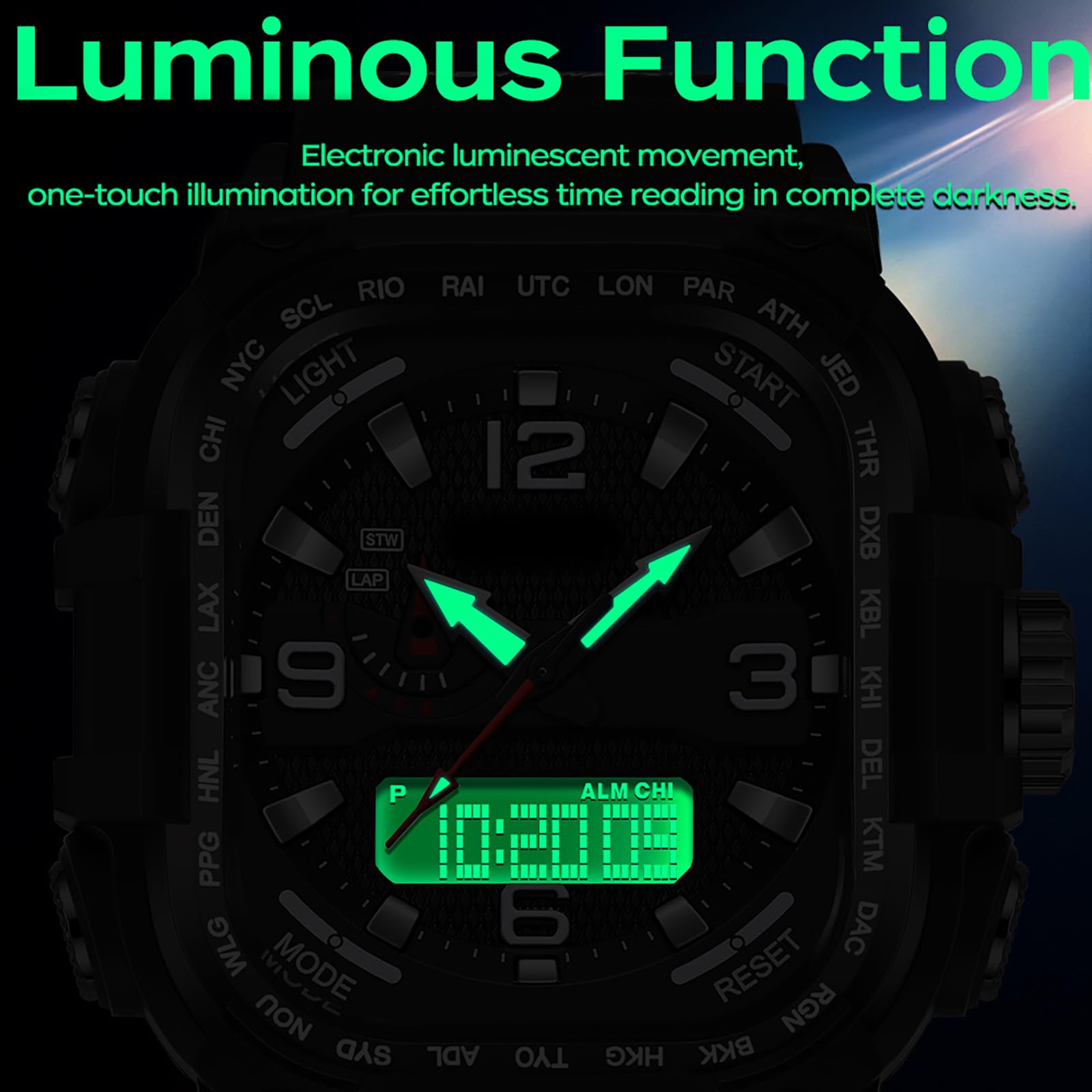 findtime Orologio da polso da uomo, stile militare, quadrato, digitale, analogico, design sportivo, impermeabile fino a 5 ATM, illuminazione, data 12/24 h, cronometro e tre fusi orari