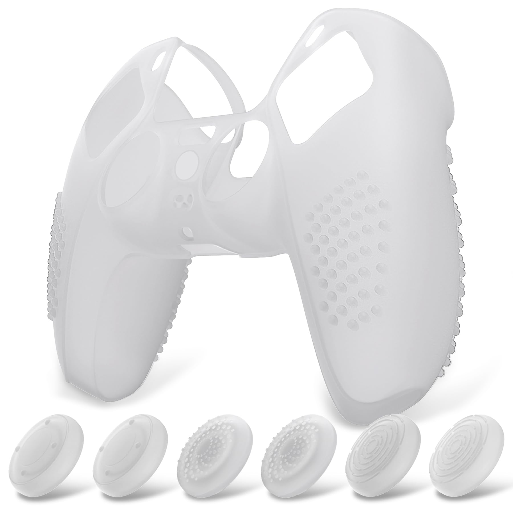 eXtremeRate PlayVital Funda de Silicona para ps5 Mando - Carcasa Protectora con 6 Tapas de Joysticks, Impermeable, Resistente y Antideslizante, Funda de Goma Suave, 3D Tachonado (Claro Blanco) - 2