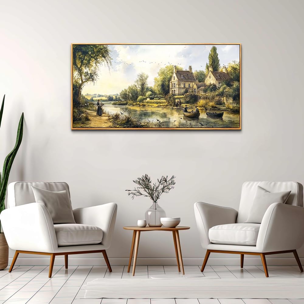 ERQINHUA Large Wall Decor Canvas Painting Wall Art For Living Room Decoration Blue Seaside Landscape Painting Bedroom Print Artwork Picture For Dining Room Bathroom Home Decor Wood Frame 24x48 In