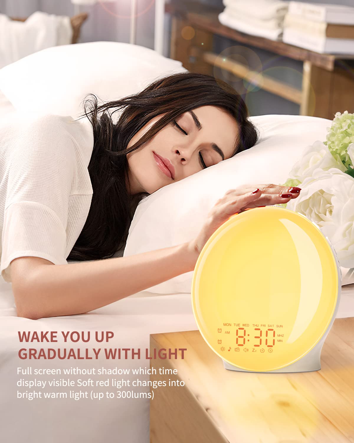 Réveil Lumineux, Simulateur d'Aube Grand Écran, Lampe de Chevet Veilleuse | 14 Couleurs, 20 Niveaux de Luminosité, Double Alarme, 8 Sons Naturels, Radio FM, Snooze, Port USB pour Enfant Adulte