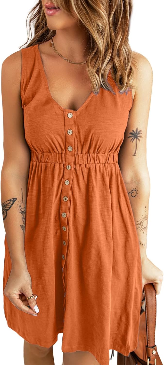BLENCOT Women's Casual Sleeveless T-Shirt Dresses Summer V Neck Button Down Swing Short Dress Orange L