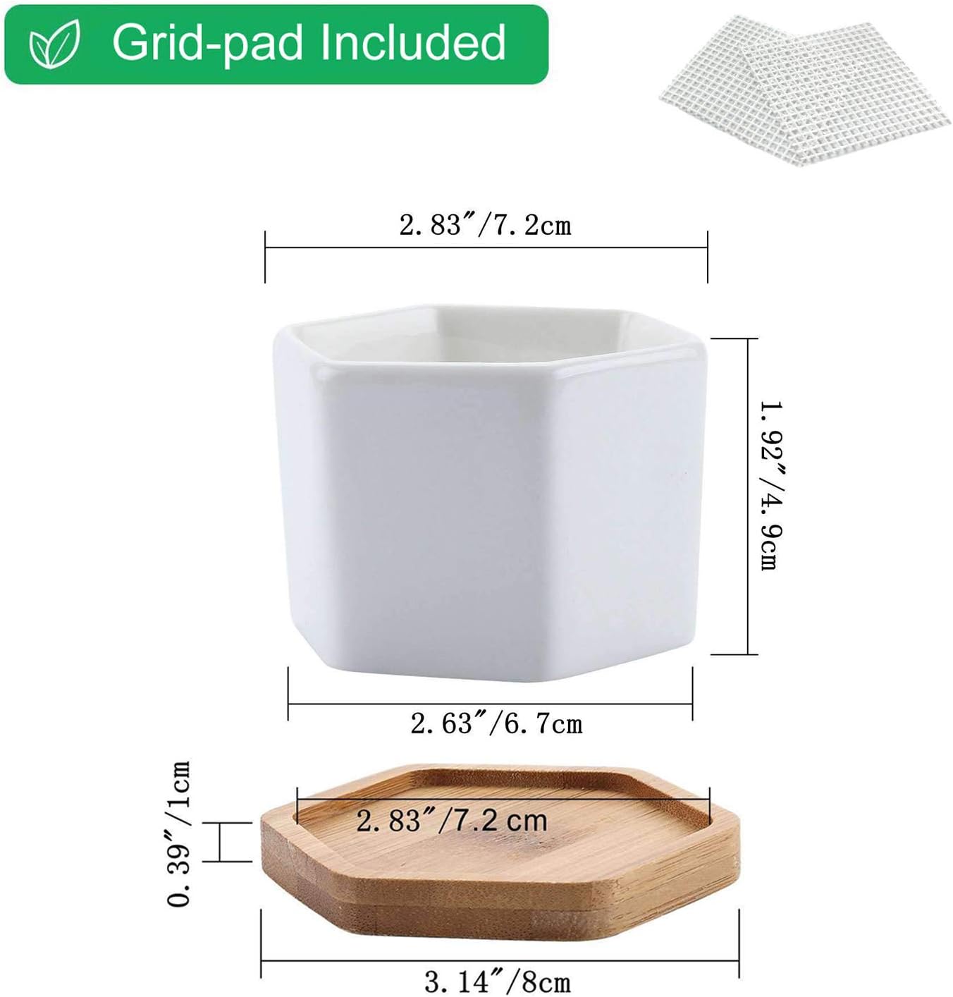 T4U Small White Succulent Planter Pots with Bamboo Tray Hexagon Set of 2, Geometric Cactus Plant Holder Container for Home Office Table Desk Decoration for Mom Aunt Sisiter Daughter