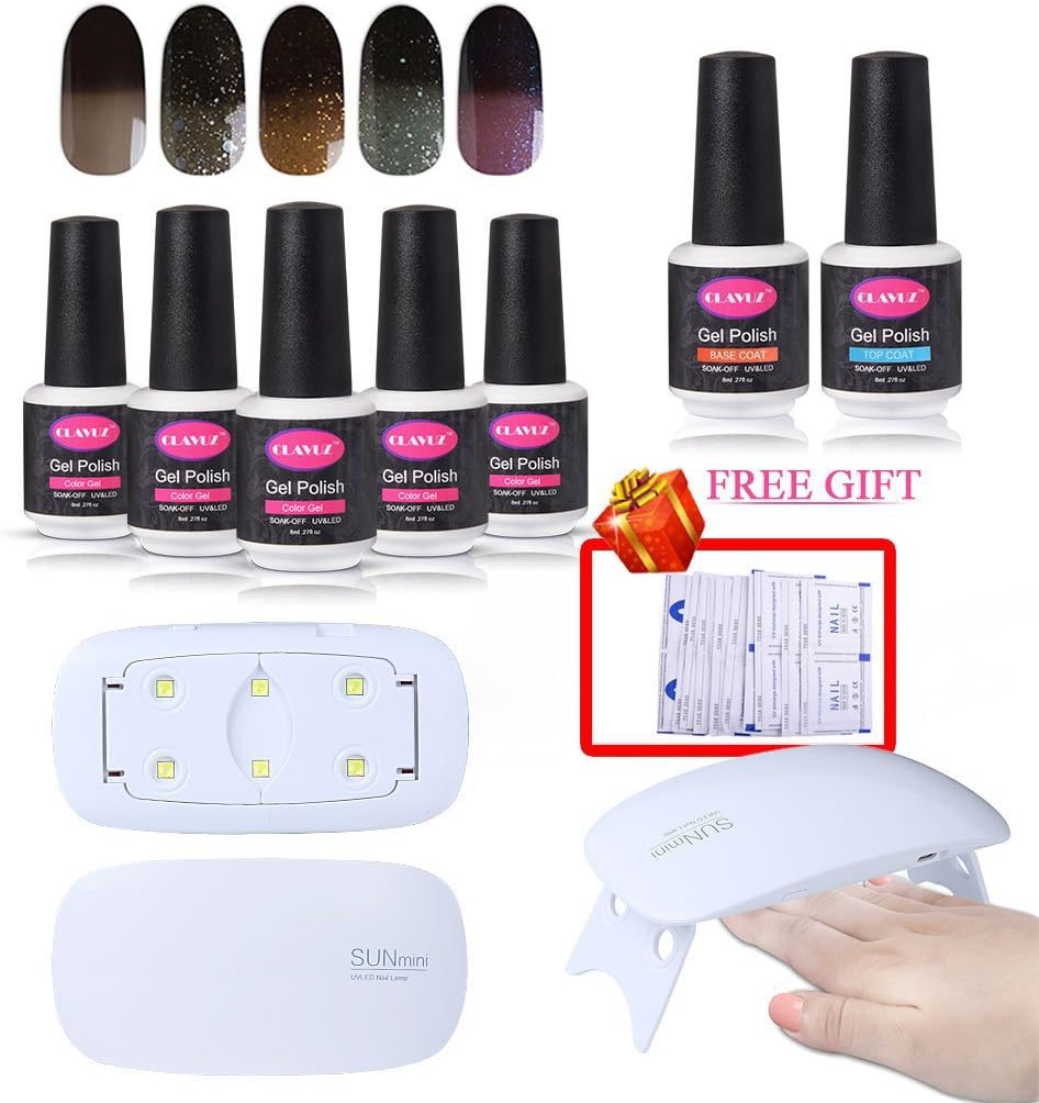 CLAVUZ Gel Nail Polish Set Soak Off Color Changing Nail Lacquer 5pcs 6W Nail Lamp with Top Base Coat 10pcs Remover Wipes Kit