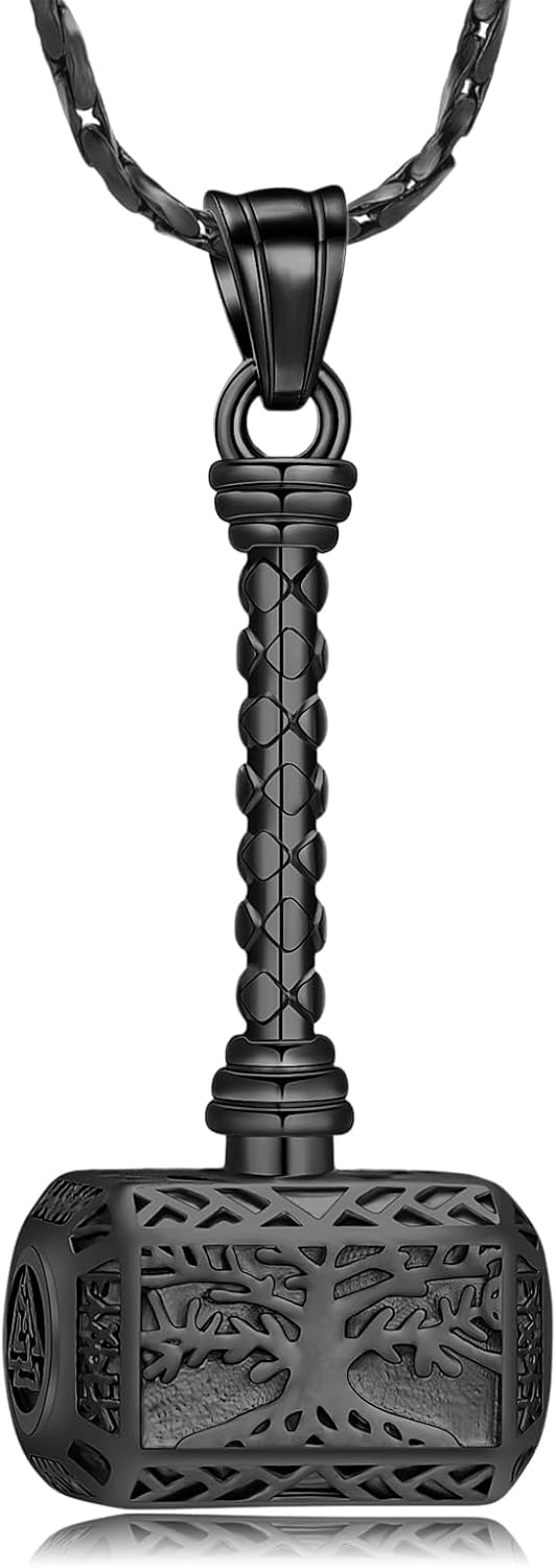 Imrsanl Viking Thor's Hammer Urn Necklace for Ashes Tree of Life Cremation Jewelry Ashes Holder Keepsake Human Memorial Pendant for Women Men