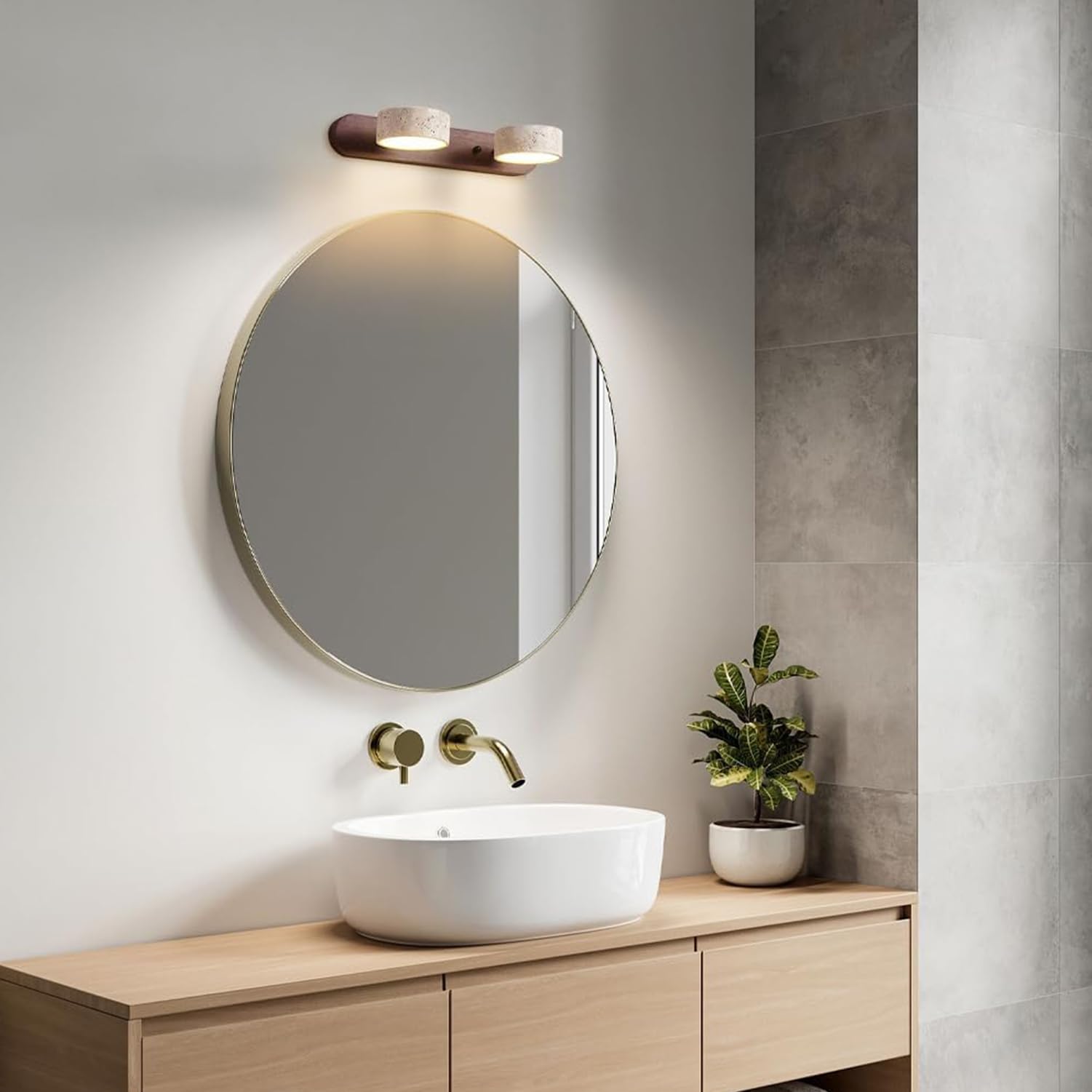 Aplique de Baño LED Giratorio 180° de Madera Natural y Travertino Amarillo - para Espejo de Vanity | 2, 3 o 4 Luces | Lámpara de Pared para Baño y Dormitorio (Madera de nogal, A32cm)