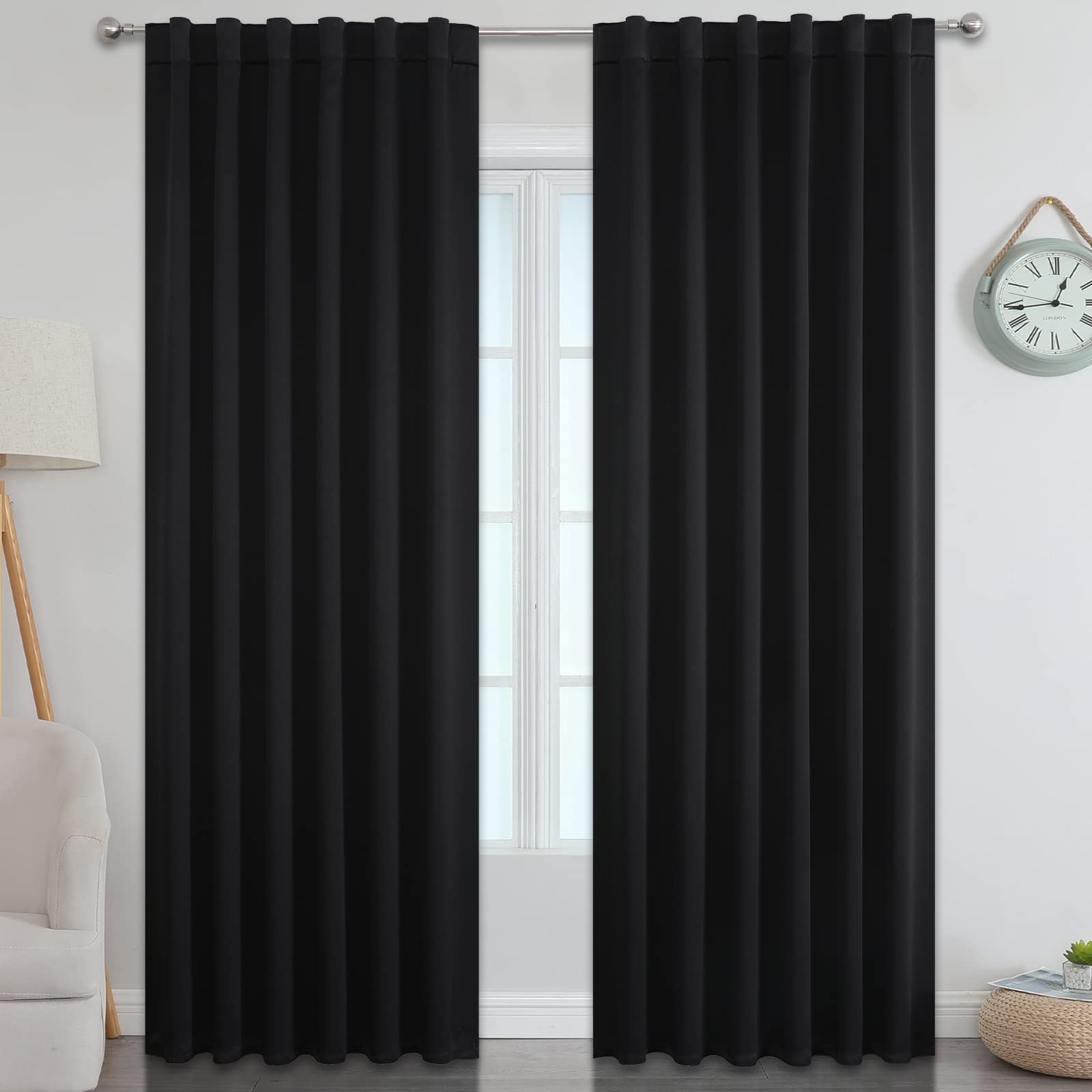 Estelar Textiler Black Blackout Curtains 96 Inches Long, Thermal Insulated Room Darkening Curtains for Bedroom, Back Tab/Rod Pocket Light Blocking Window Drapes for Sliding Door,52x96 Inch,2 Panels