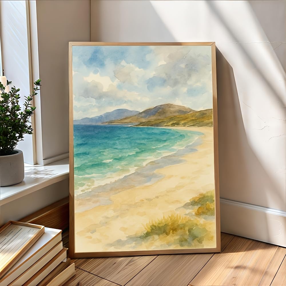 IXEHOH Quadro su Tela Paesaggio Spiaggia Serena, Stampa Artistica Costa Oceano, Decorazione Parete Verticale Estetica per Soggiorno Camera da Letto Ufficio, Sabbia Blu 60x90cm