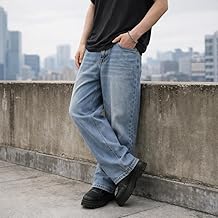 Men's Vintage Wide Leg Jeans - Baggy Loose Fit Denim Pants for Casual Streetwear & Retro Style - LightBlue-XL