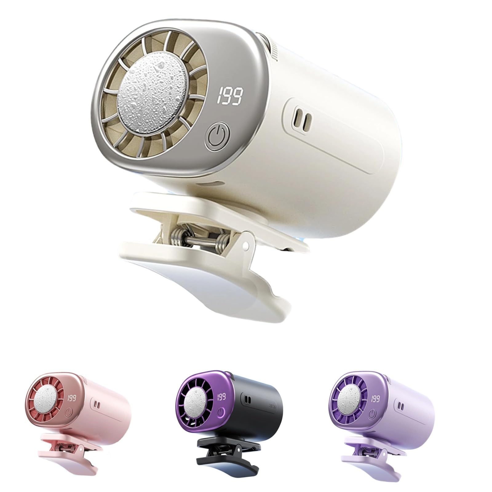 Clip on Car Fan with LED Display,360° Rotating Clip Fan Portable Rechargeable,USB Desk Fan Strong Airflow Ultra Quiet for Car Stroller Office Travel (Off-white)