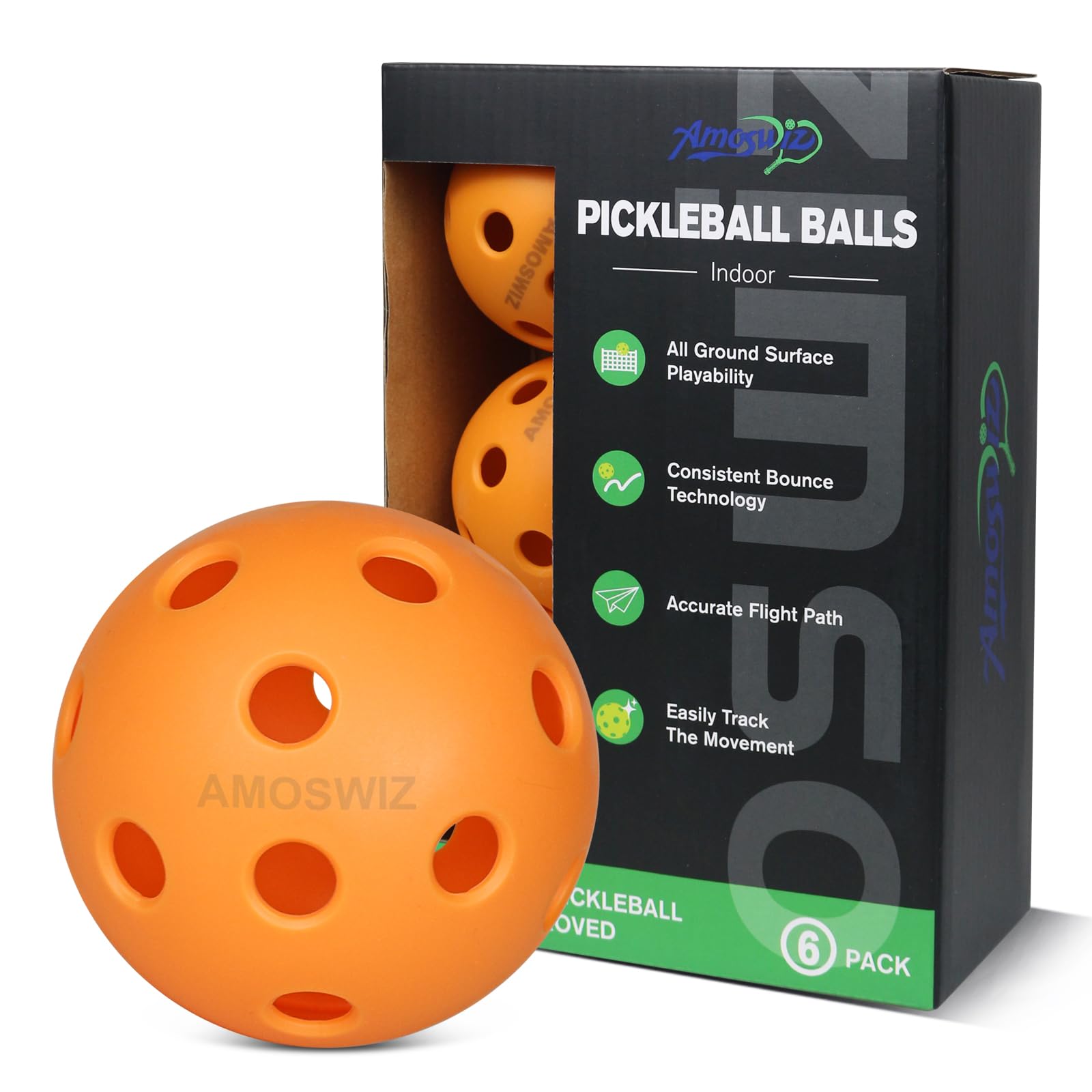 Amoswiz Indoor Pickleball Balls, 6 Pack of 26 Holes Pickleballs, USAPA Approved Indoor Pickleballs Set, High Visibility Durable Pickle Balls for Training and Tournament, Orange โ image 1