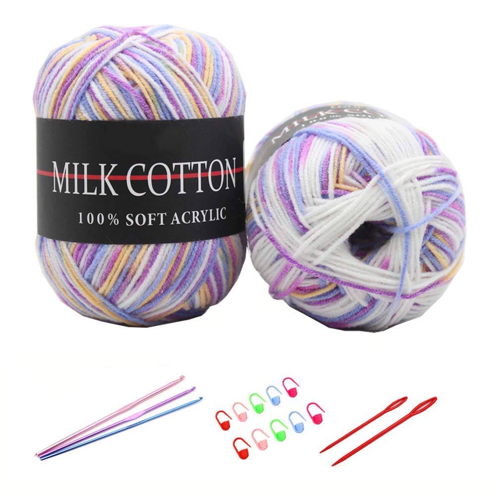 YAMEE6X 50g Knitting Rainbow Wool Yarn Balls Colorful Hand Crochet Knitting Double Acrylic Yarn Set, 23 Colors, with 3 Crochet Hooks, 2 Needles, 10 Crochet Locking Stitch Markers (22)