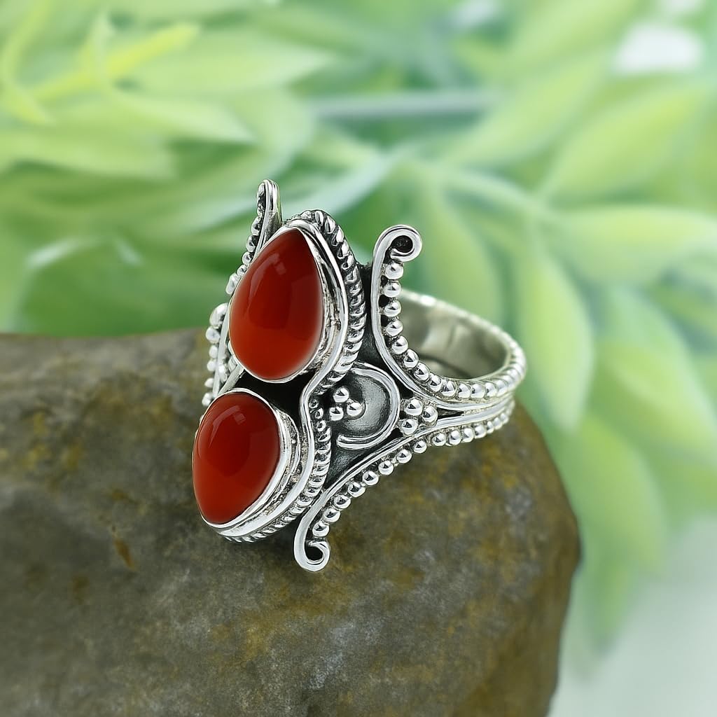 Handmade 925 Sterling Silver Double Pear Cabochon Bohemian Vintage Statement Ring for Women Birthstone Gift Jewelry