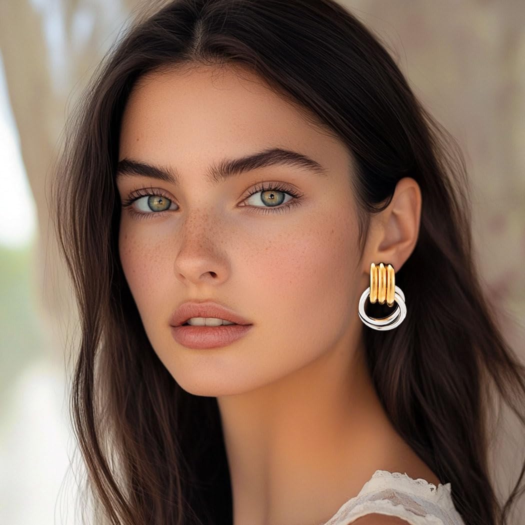 Chunky Gold Silver Earrings Knot Hoop Earrings Circle Dangle Earring Thick Stud Earrings for Women - Image 6