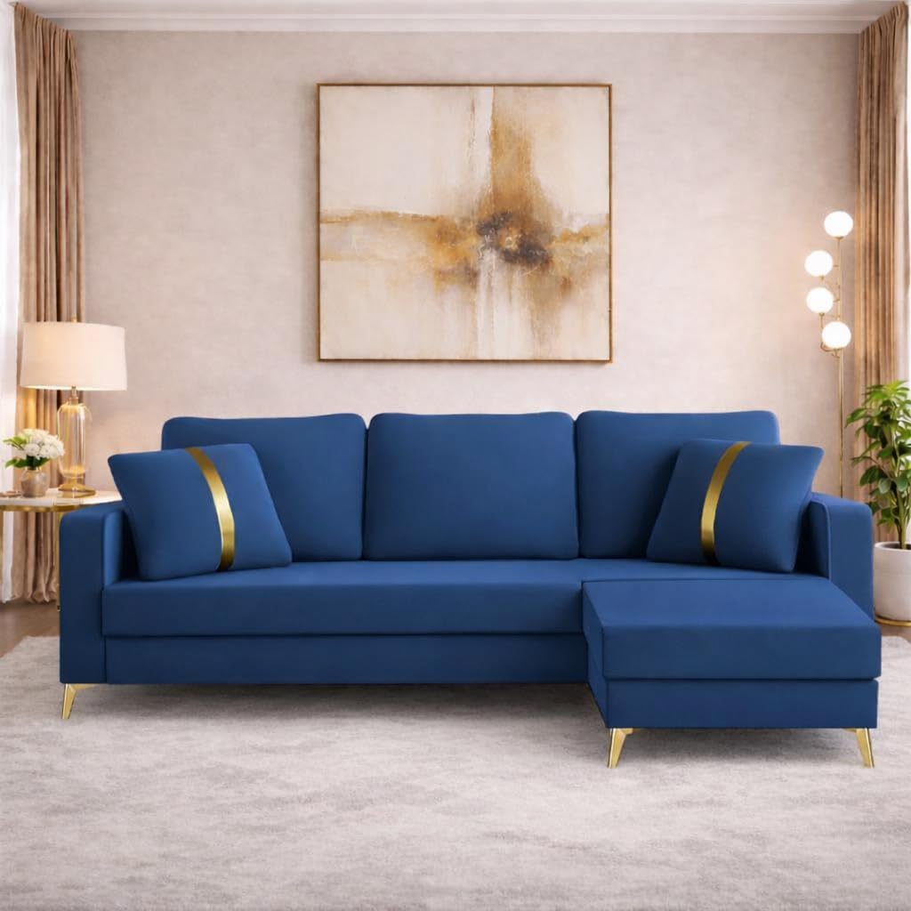 Adorn India Premium Chandler - 3 Years Warranty - L Shape 4 Seater Sofa Set Velvet Suede Fabric - Blue-image-4