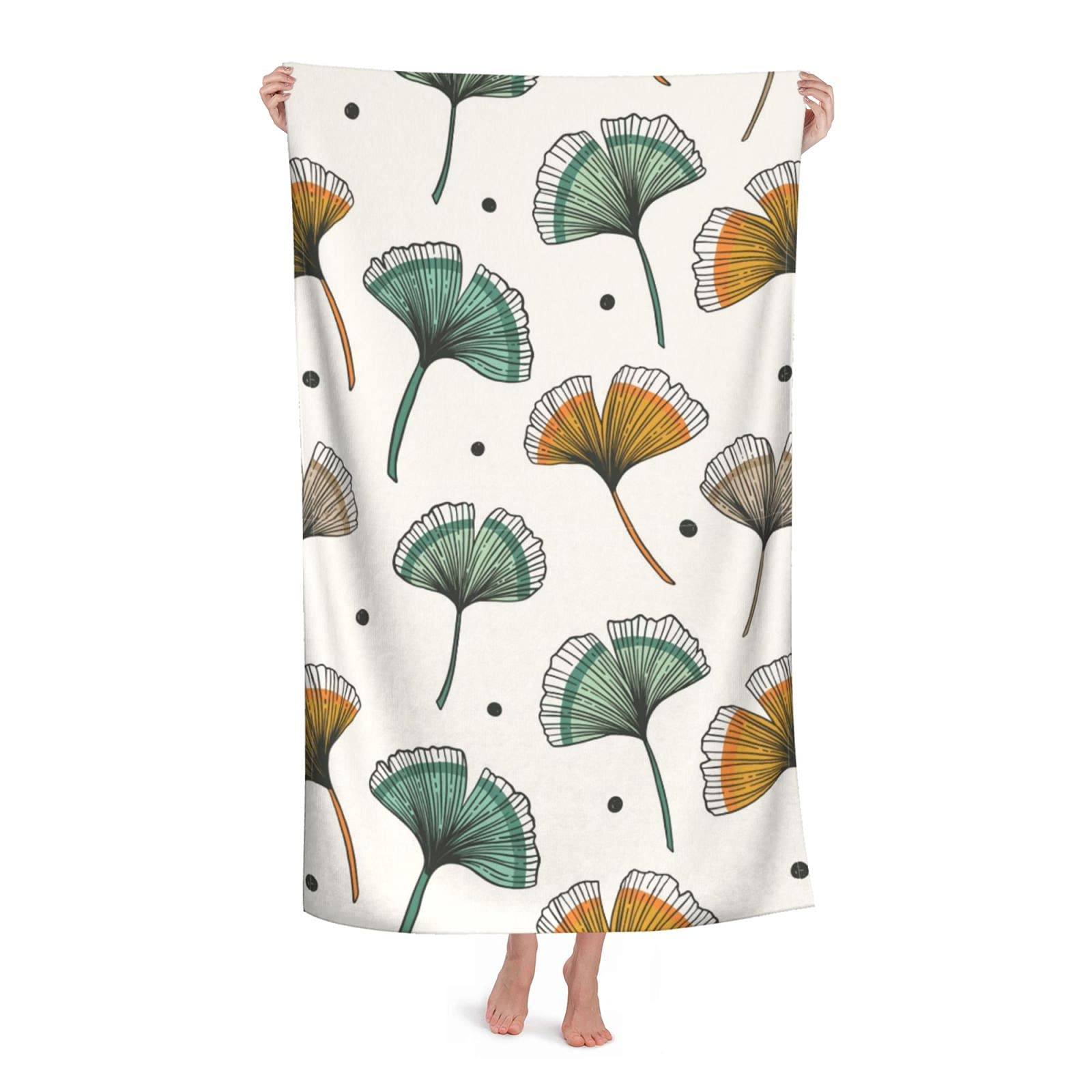 LSRCPD Art Floral Ginkgo Leaves Beach Towel Highly Absorbent Microfiber Beach Blanket Soft Bath Towels 80 x 130 cm