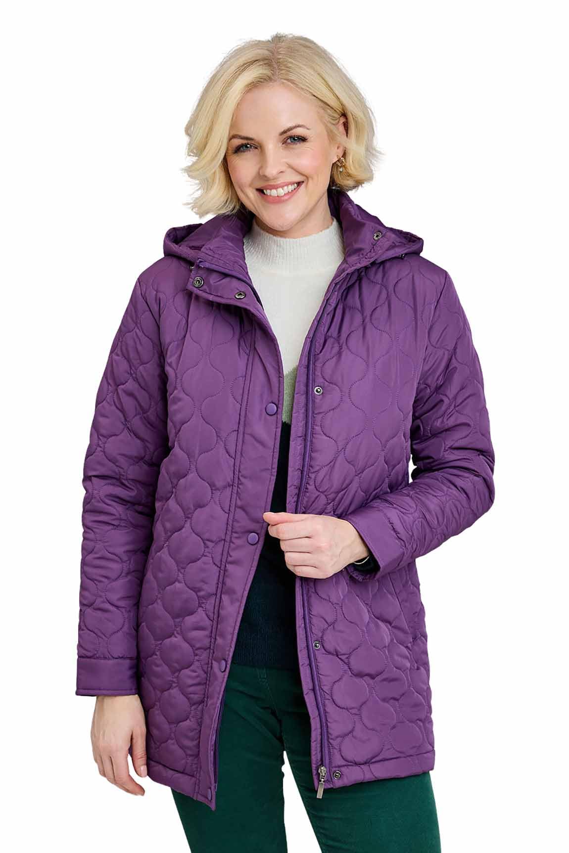 Amber Ladies Quilted Water-Resistant Jacket with Detachable Hood Adjustable Cuffs & Secure Pockets Damson 10