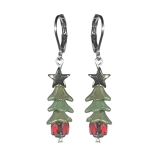 Boho Chic Green Santa Christmas Tree Holiday Earrings with Red Czech Glass Base and Gold Star - French Wire Lever Backs