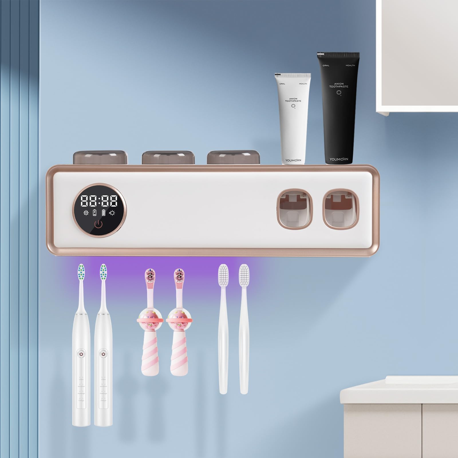 porta cepillos de dientes de pared UV dispensador de pasta de dientes automático con pantalla LED USB, batería soporte para cepillo de dientes eléctrico para cocina, cuarto de baño, hotel