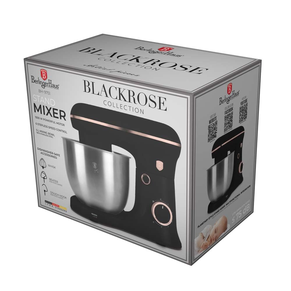 Berlinger Haus Batidora de Cocina 1500W, 10 Velocidades, Tazón de Acero Inoxidable 5L, Gancho y Batidor Antiadherente, Motor Silencioso, Diseño Elegante Negro/Rosa Oro