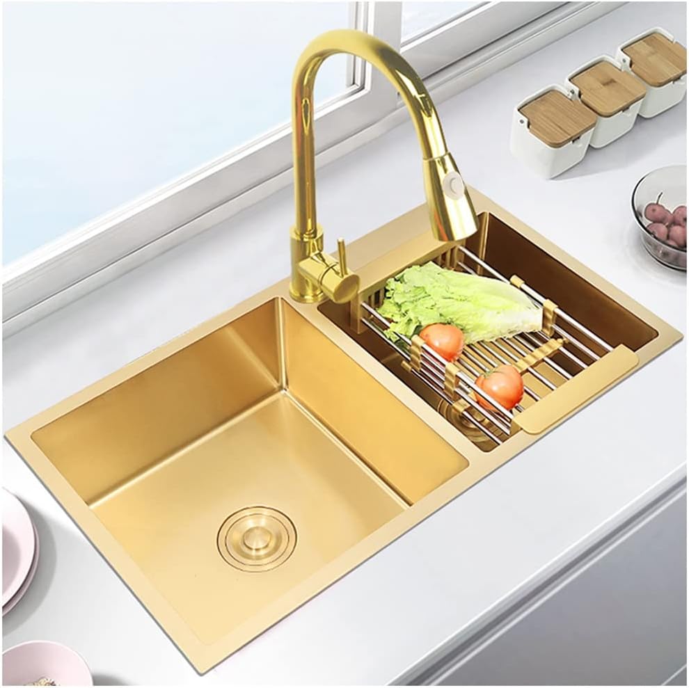Golden Kitchen Worktop Large Size Double Bowl Bar Sink 304 Stainless Steel Wet Bar & Prep Sink with Pull-Out Faucet Top Mount Or Undermount