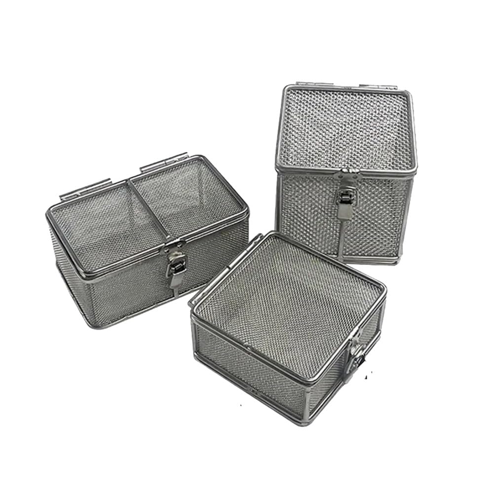 Sterilisationskorb für medizinische Instrumente, Edelstahl-Mesh-Tablett mit Deckel und Schloss, Krankenhausbedarf, 40 x 25 x 7 cm, Maschenweite 1 mm