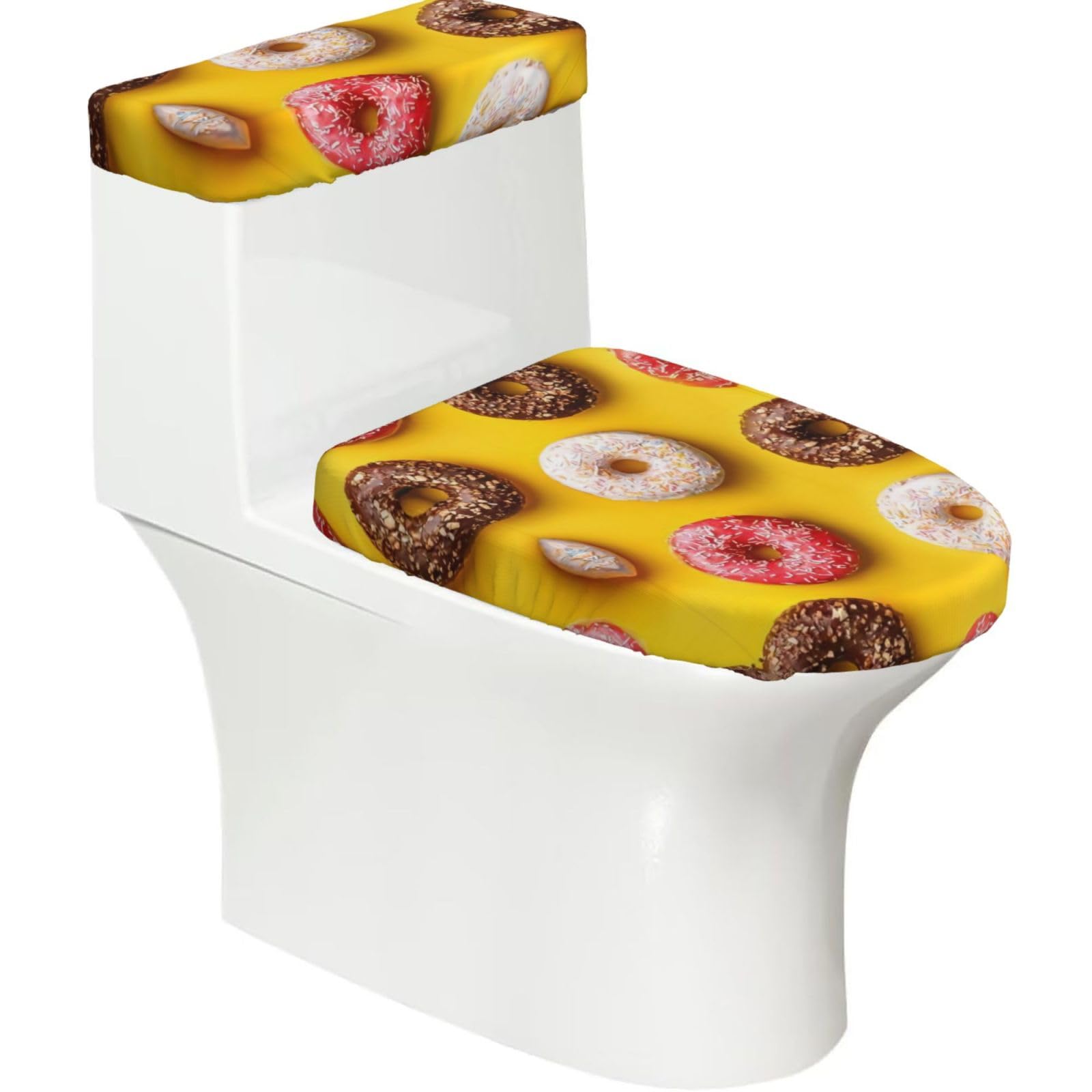 Doughnut 2-Piece Toilet Seat Cover Set with Tank Lid - Elastic for U-Shape & Elongated - Bathroom Decor