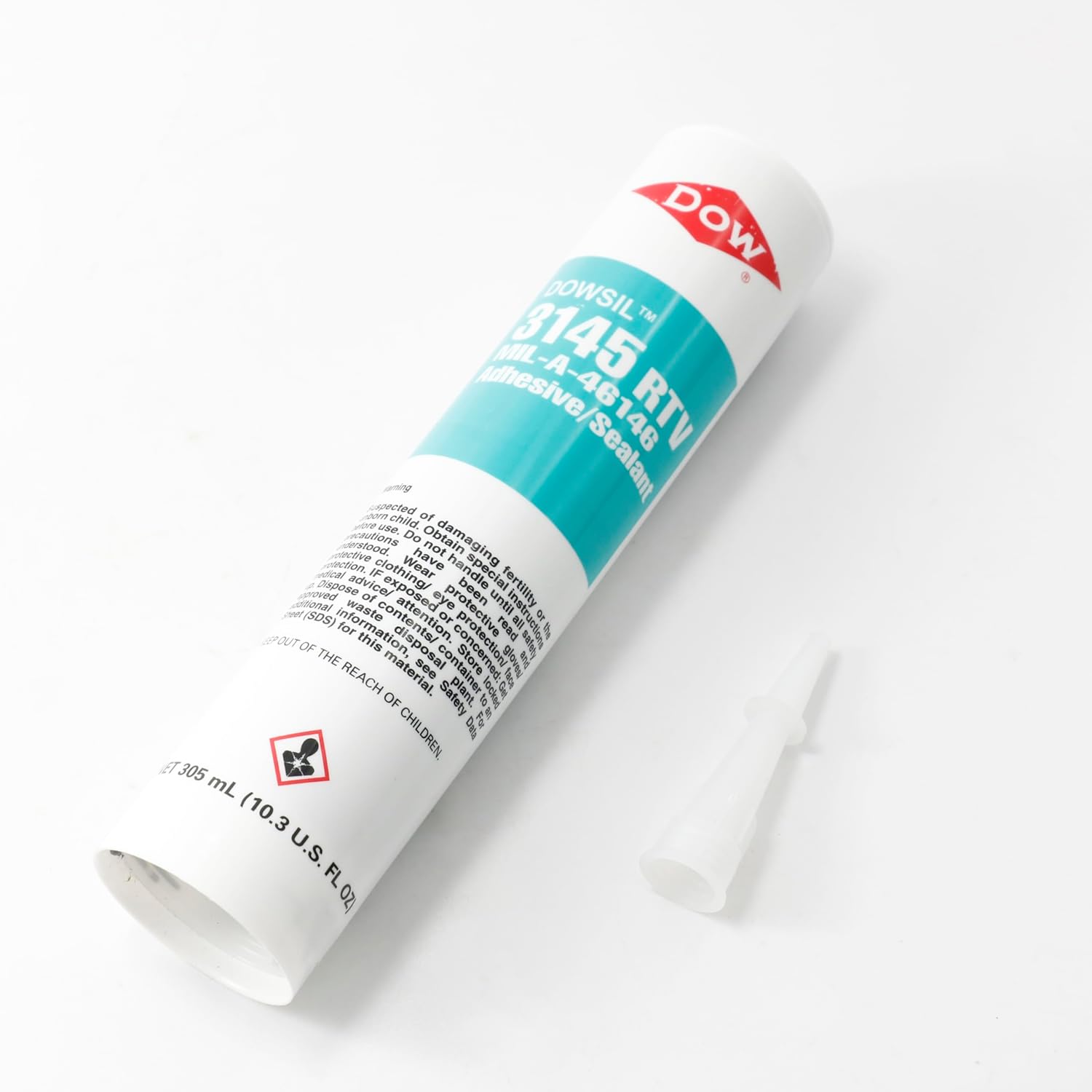 Dowsil 3145 RTV Adhesive Sealant tube from an angled perspective, showing the nozzle and product label