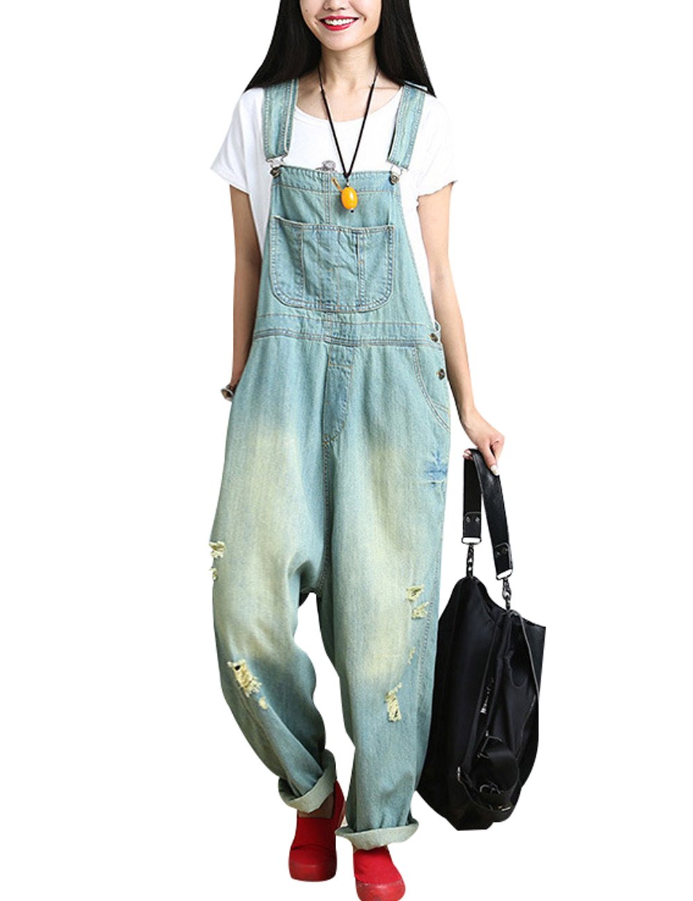 Youlee Femmes Été Pantalon large Denim Salopette Pantalon de jumpsuit