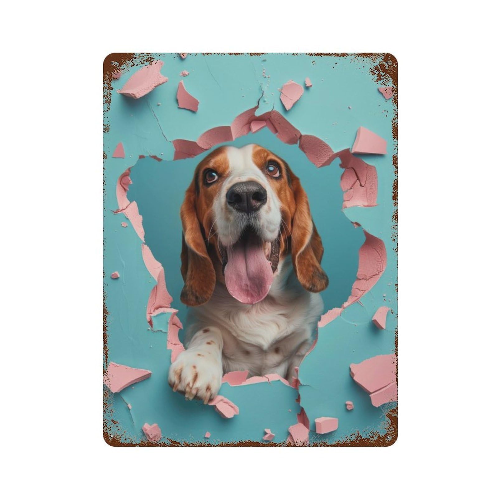 Weathered Tin Sign with Cheerful Basset Hound Design 15.7"x11.8", for Basement, Hobby Room And Garage Decor, Industrial Home Decor