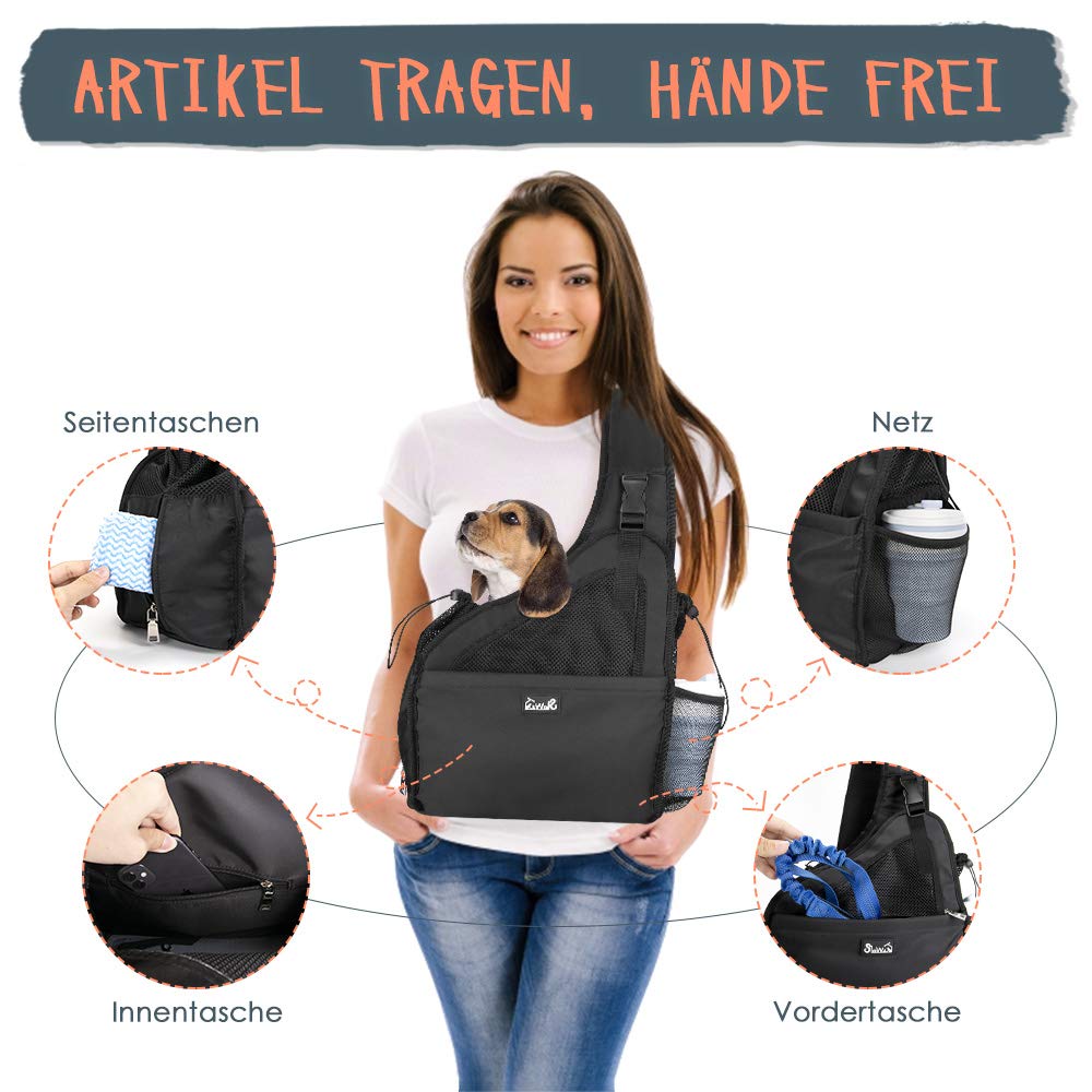 Eyein Hundefreundlich Tragetücher Hunde, atmungsaktiv Hände frei Reisetasche für kleine Haustiere mit verstellbaren Trägern Hartfaserplattenboden Sicherheitsgurt, für Hunde unter 2.8kg, Schwarz