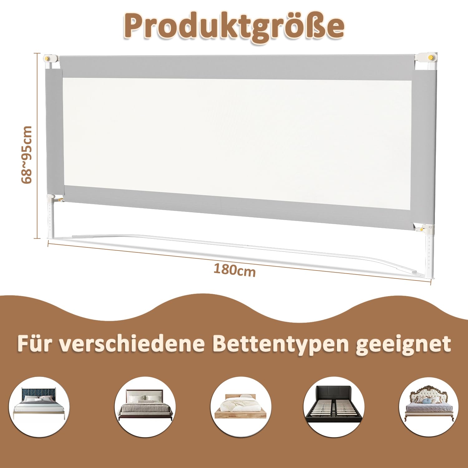 Eulenke Griglia per letto pieghevole, 180 cm, protezione da caduta, per bambini, altezza regolabile 68-95 cm, facile da montare
