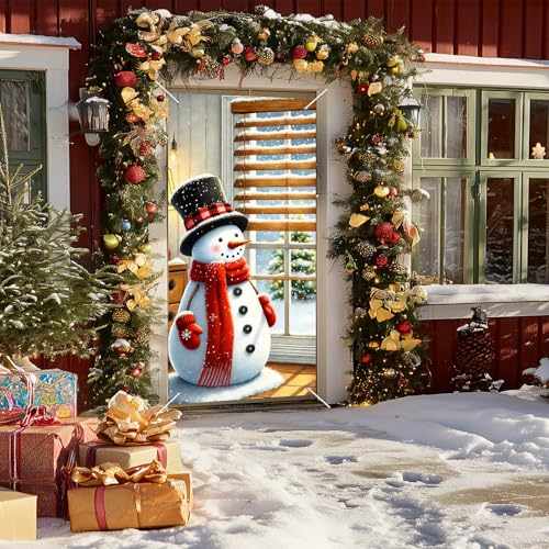 Image of Blissyard Merry Christmas Snowman Door Cover 35x71 Inch Double Sided Christmas Front Door Decoration with Red Scarf, Mittens, Snowflakes, Holiday Decorations for Indoor and Outdoor Winter Home Decor