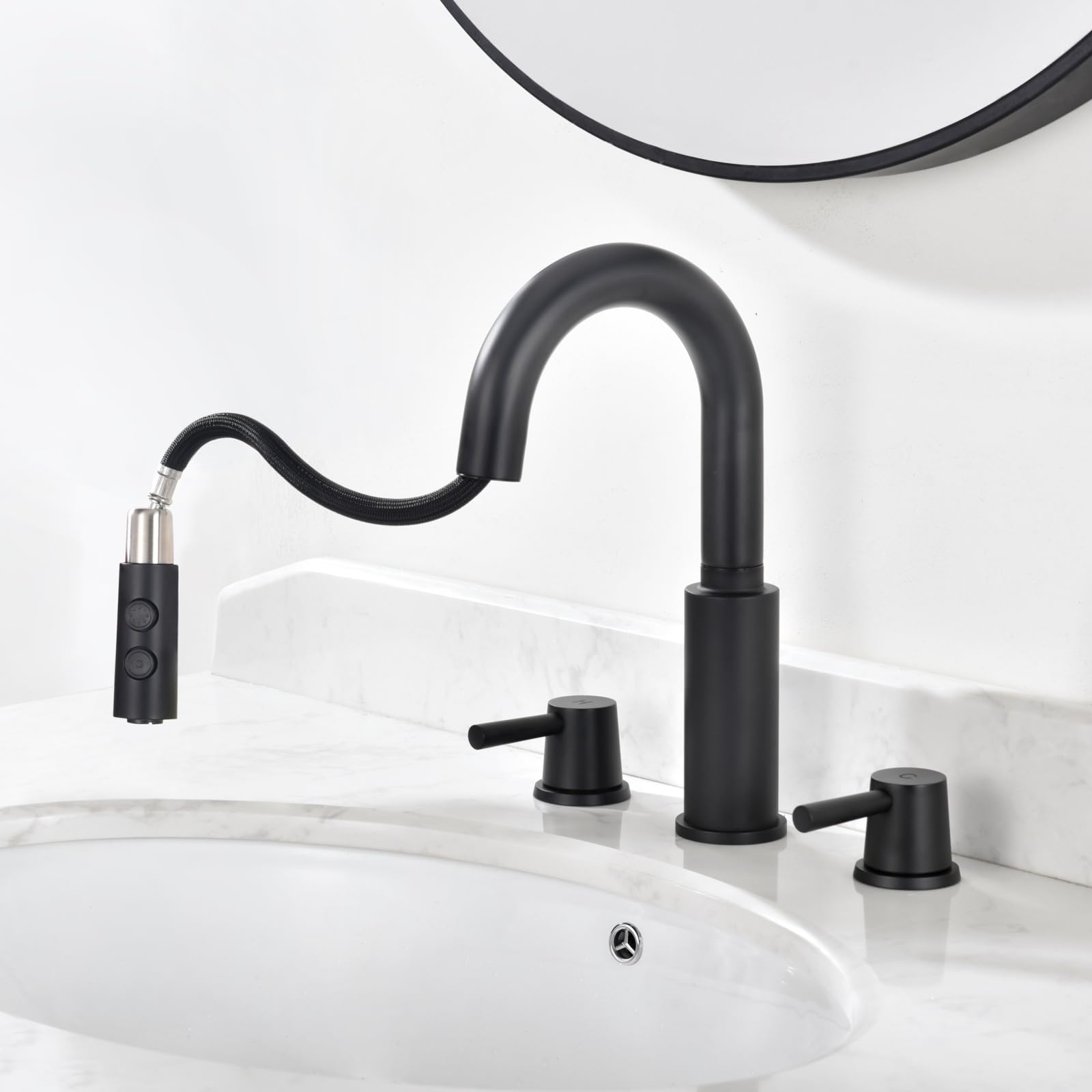 Bathroom Sink Faucet 2-Handle 3-Hole Vanity Faucet with Pop-Up Drain Modern Lavatory Centerset Faucet for Bathroom Matte Black