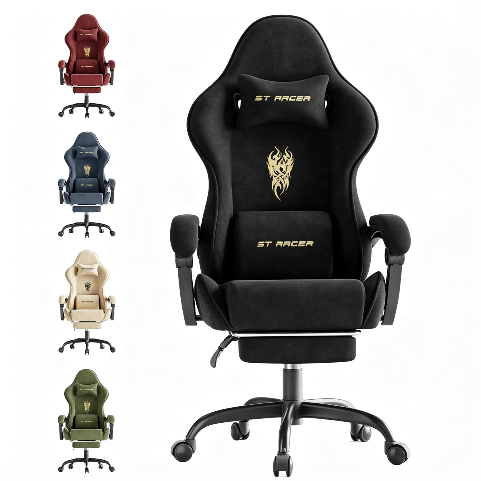 Soontrans Comfortable Video Gamer Chairwith Footrest, Ergonomic Velvet Fabric Gaming Chair for Adult, Reclining Desk Game Office Computer Chairs with Massage Lumbar Cushion,Headrest