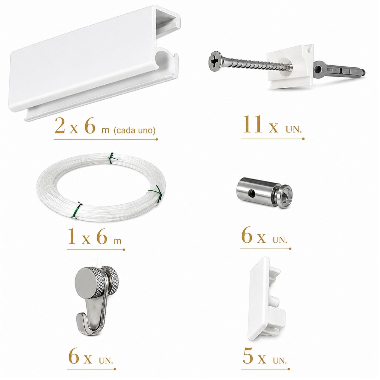 Sistema Riel para colgar Cuadros - Guía de Aluminio Blanca 6 Metros | Riel Ajustable para Cuadros | 6 Colgadores RM con Nylon | Instalación en Pared y Pladur | Tornillos y Tacos
