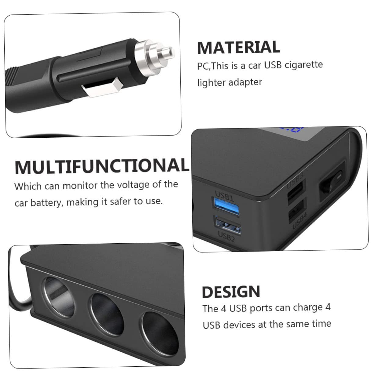 POPETPOP Cargador de Coche 180 W, 4 Puertos USB y 3 Tomas de Encendedor, Monitor de Voltaje, para Coche y Luces USB, Negro