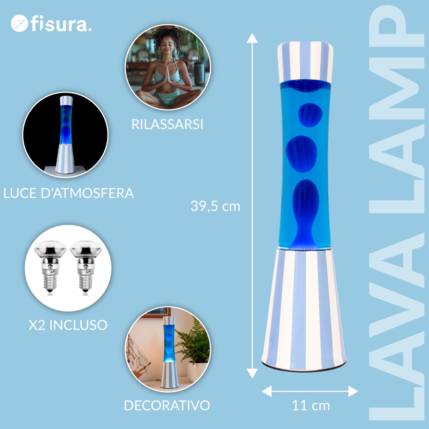 Fisura – Lampe à lave bleue. Lampe décorative relaxante au design original pour maison ou bureau, base à rayures, liquide et lave bleus, ampoule de rechange incluse, 11 x 11 x 39,5 cm