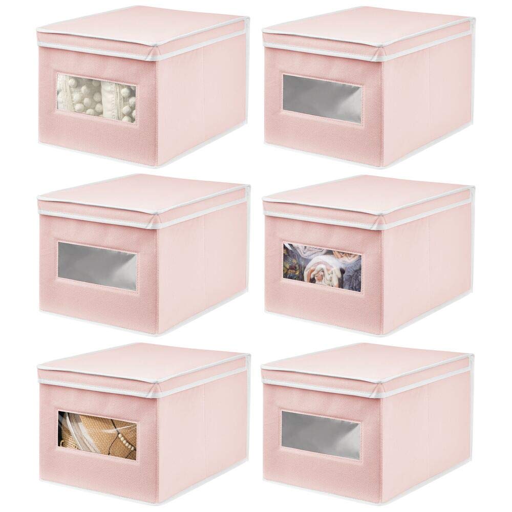 mDesignLarge Fabric Stackable Closet Organizer Box, Clear Window/Lid - Bedroom, Office, Bathroom, Mudroom Organization, Shoe, Sweater, Clothes Storage, Jane Collection, 6 Pack, Pink/White