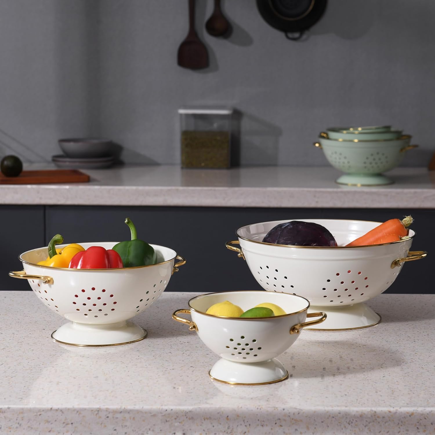 Lot de 3 Passoire Cuisine (16cm & 23cm & 28cm), Or Rose Poignées Ergonomiques, Base Design Anti-bascule, Passoires Métal pour Pâtes, Légumes et Fruits​ (Crème)
