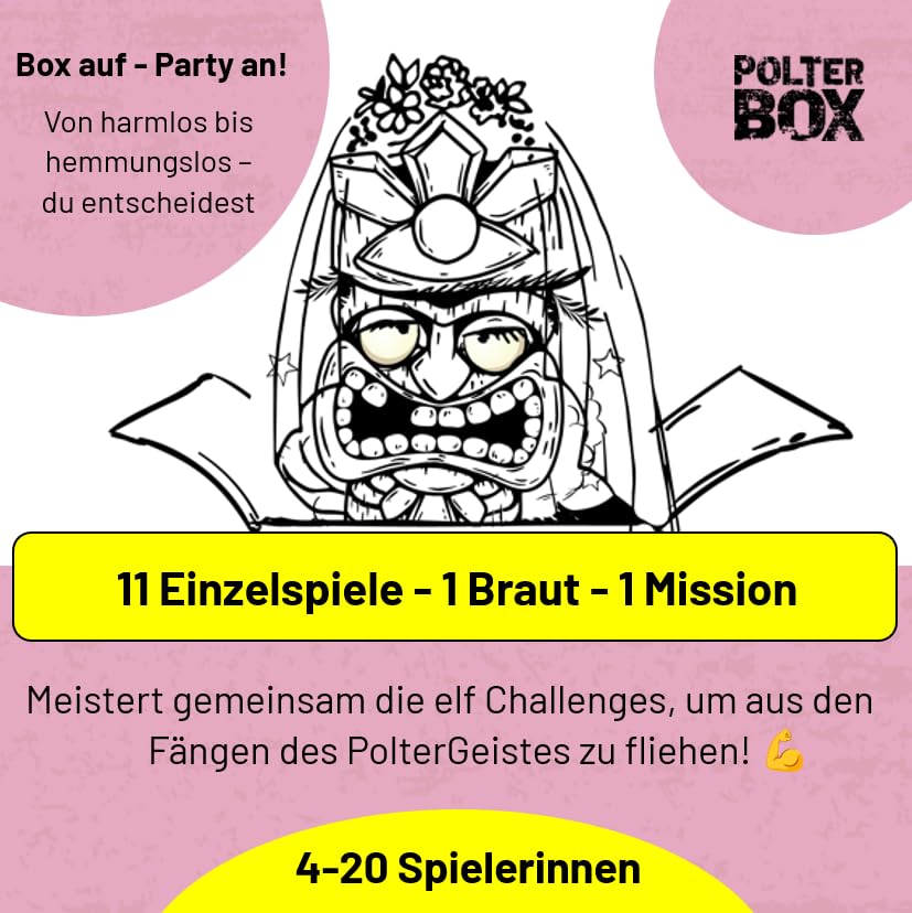 JGA PolterBox Deluxe – Komplettset mit 11 Partyspielen für Junggesellinnenabschied, 4–20 Spielerinnen – All-in-One JGA Partybox für Polterabend, Aufgaben & Gruppen-Challenges (Girls Edition)