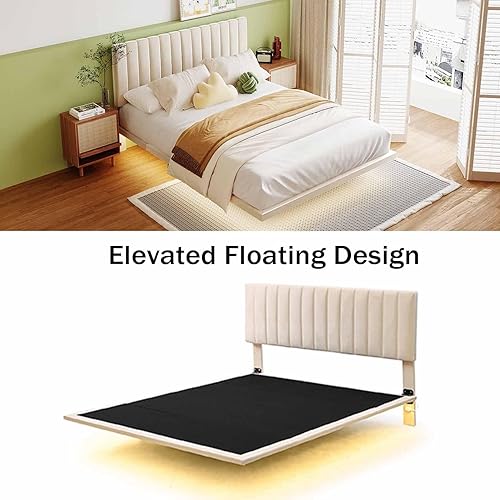 Miniatura 4 de Base de cama flotante Queen con luces LED / cabecero, base de cama moderna de tela de terciopelo, base de colchón, soporte de listones, no necesita