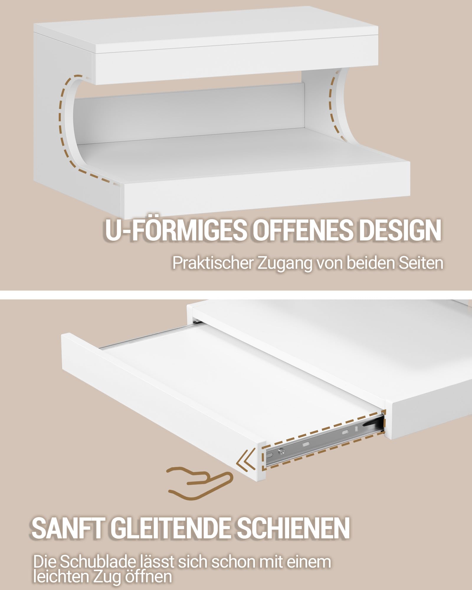 Hzuaneri Nachttisch Hängend 2er Set, Wandmontierter Regal-Nachttisch mit Schiebe-Tablett, Nachtkästchen Schwebend Wandregal mit Offener Raum, für Schlafzimmer, Wohnzimmer 30 x 40 x 20 cm Weiß NS51203X