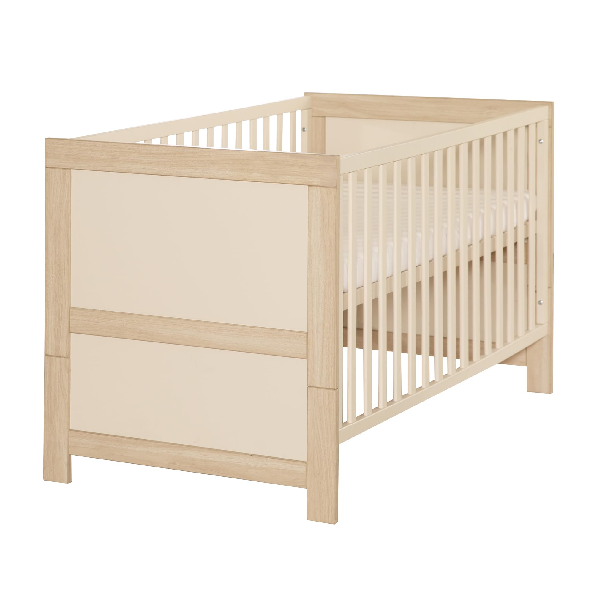 cuna bebé roba Momo 70 x 140 cm - cuna evolutiva - altura regulable - convertible en cama junior - madera lacada color cashmere/decoración roble Tristan