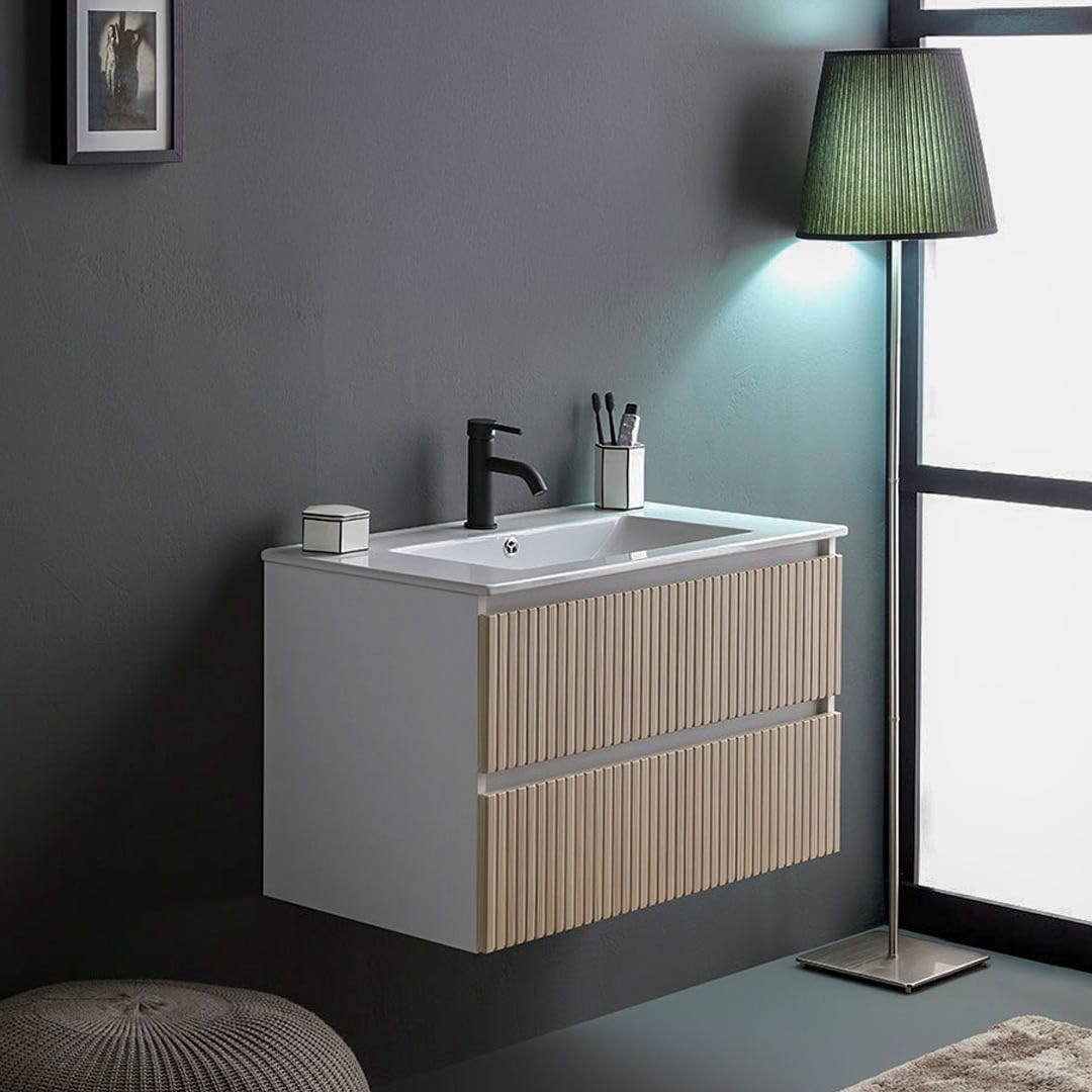 Kiamami Valentina - Mobile sospeso 100cm bianco con cassetti rovere cannettato e lavabo in ceramica | Bilbao