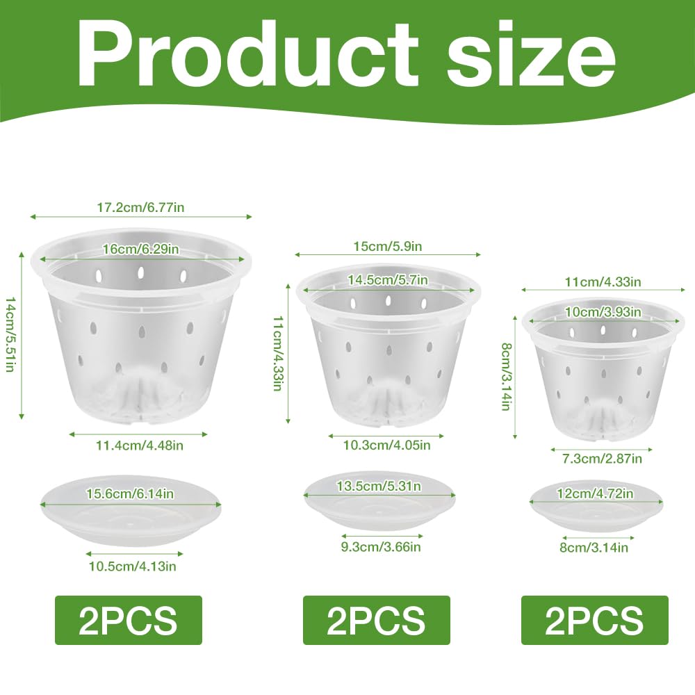 HIULLEN Clear Orchid Pot, 6pcs 10cm 14.5cm 16cm/5pcs 16cm Plastic Plant Pots with Drainage Hole and Tray, Seed Seedling Pots, House Plant Pots, Nursery Pots for Orchid Repotting Kit - Image 2