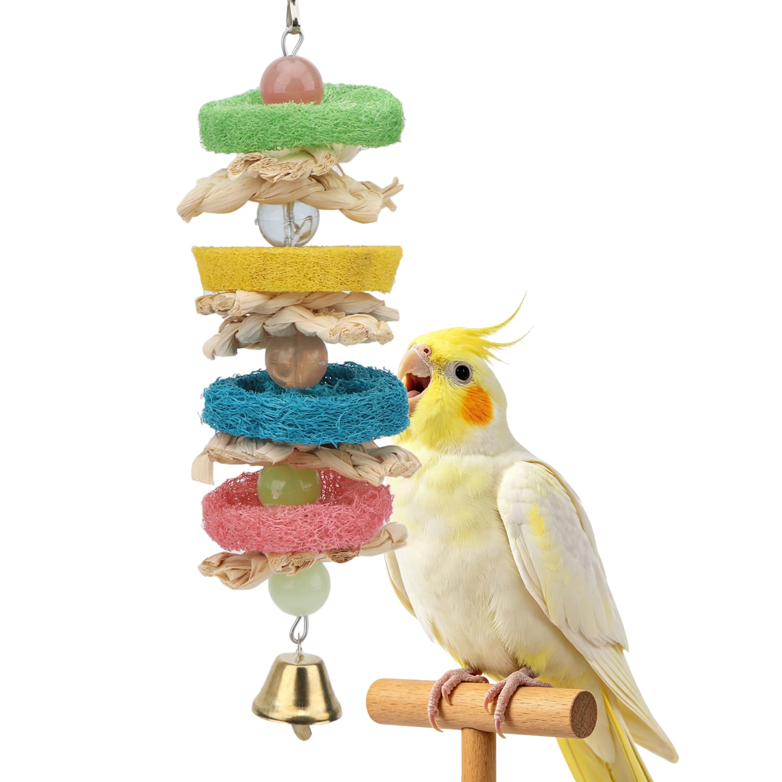 Hypeety Pet Bird Parrot Swing Chewing Toy Natural Sepa Takraw with Happy Twist Colorful Bead Swing Bell